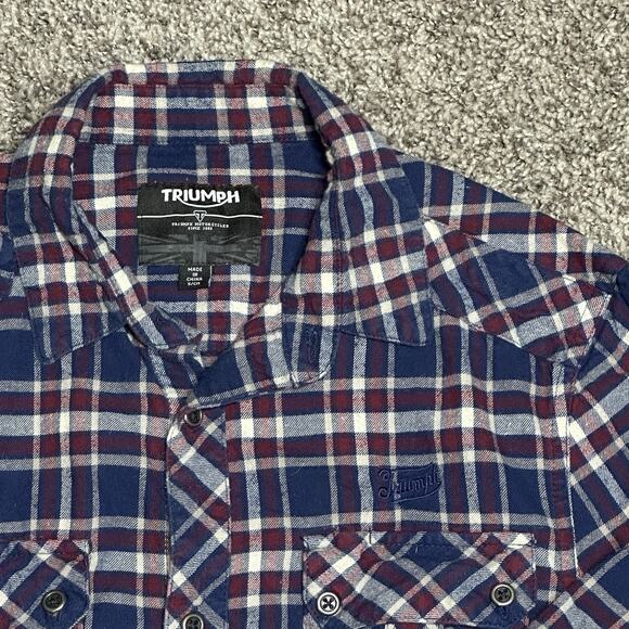 Triumph Bonneville Plaid Flannel Womens Sz S 100% Cotton Soft Front Pockets Blue - Picture 2 of 6